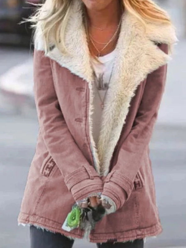 Autumn and winter solid color plush lapel mid-length coat Pink