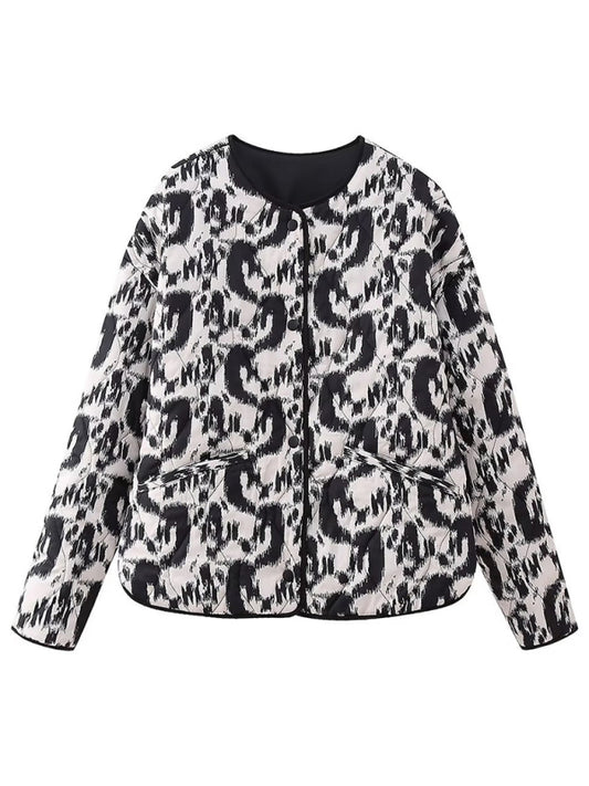 Women's floral print turtleneck Quilting coat Black