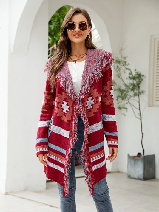 Women's fringed geometric jacquard sweater cardigan Red