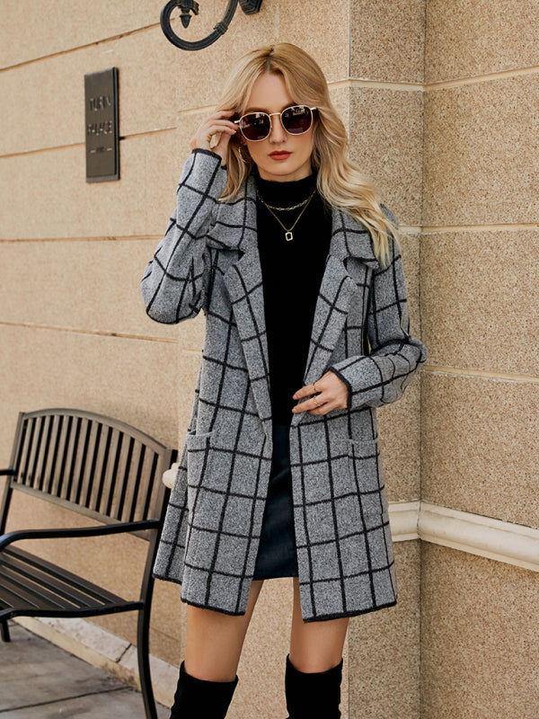Women's houndstooth lapel knitted cardigan Black
