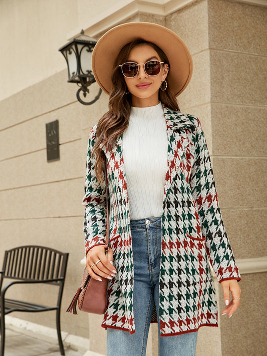 Women's houndstooth lapel knitted cardigan Red