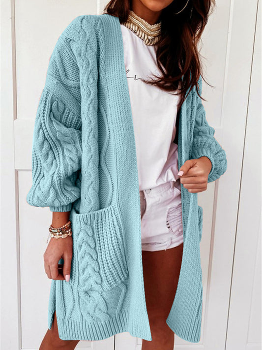 Women's loose warm twist knitted cardigan Green