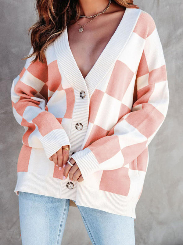 Women's Checkerboard Casual Loose Button Cardigan Pink