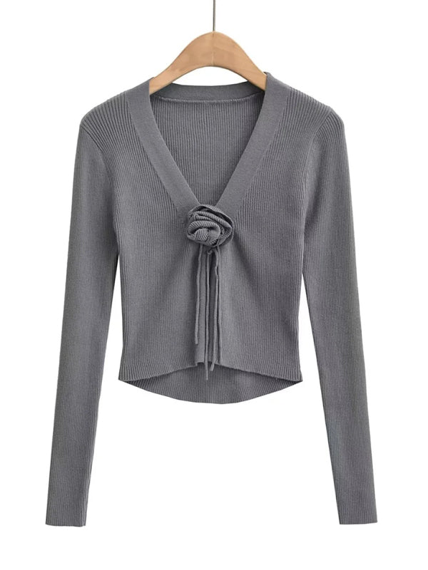 Women's new pit stripe V-neck knitted cardigan Grey
