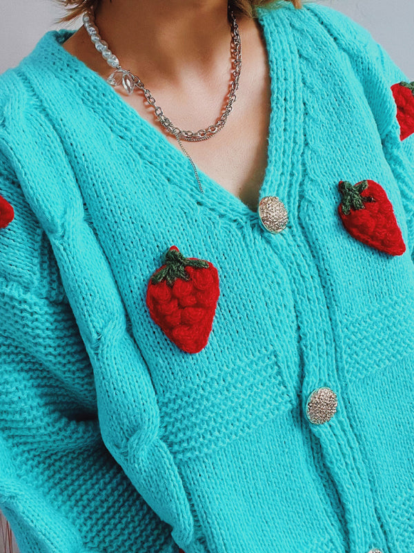 Casual loose strawberry embroidered burlap single-breasted knitted sweater jacket cardigan