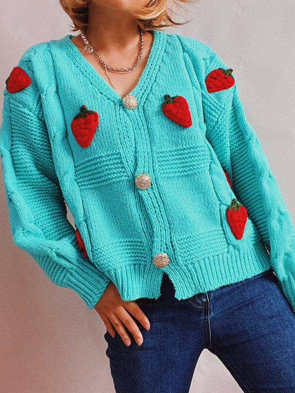 Casual loose strawberry embroidered burlap single-breasted knitted sweater jacket cardigan Blue