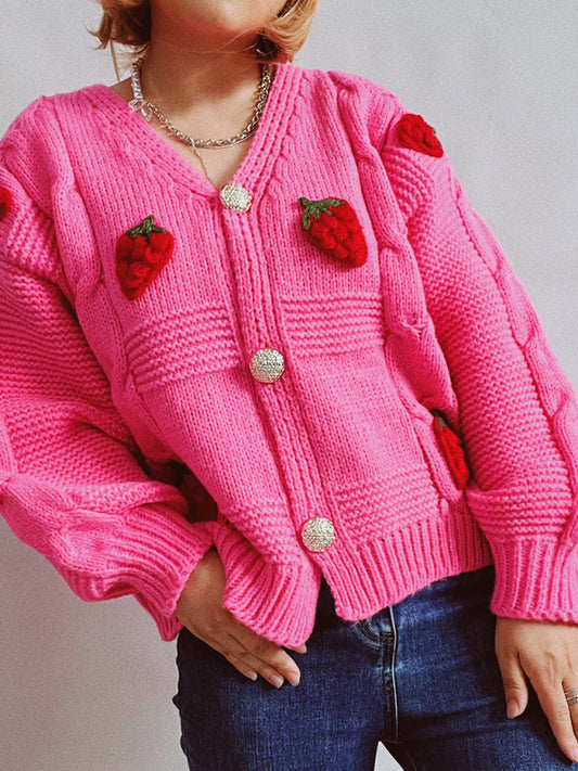 Casual loose strawberry embroidered burlap single-breasted knitted sweater jacket cardigan Pink