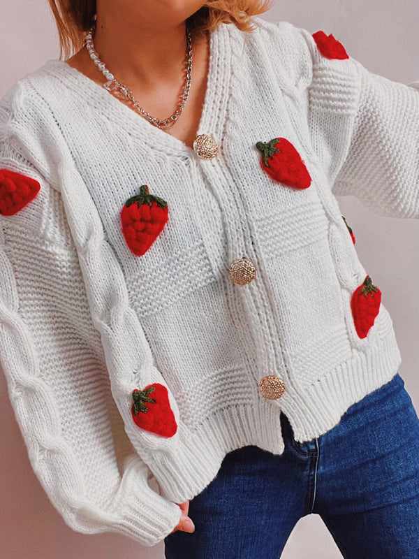 Casual loose strawberry embroidered burlap single-breasted knitted sweater jacket cardigan White