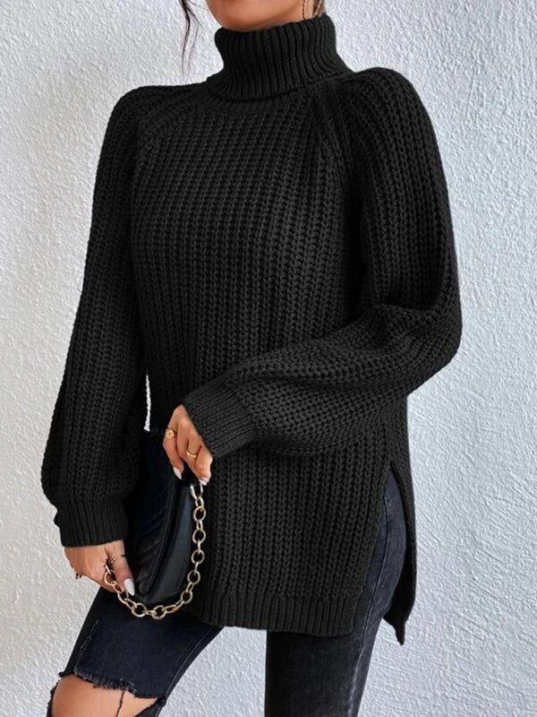 Women's casual pullover turtleneck slit loose sweater