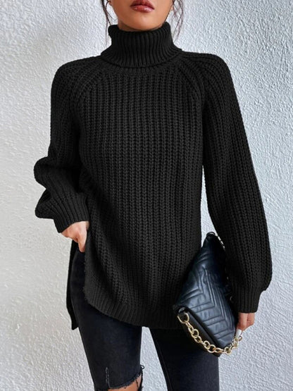 Women's casual pullover turtleneck slit loose sweater Black