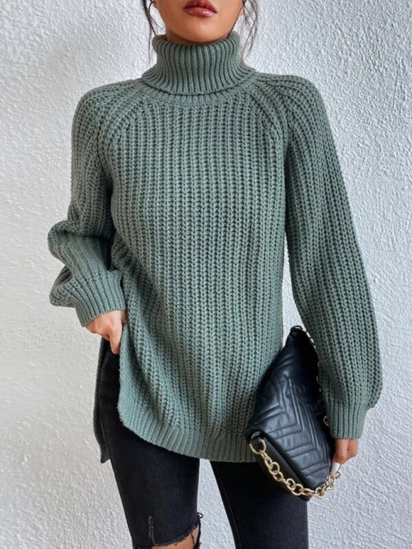 Women's casual pullover turtleneck slit loose sweater Green