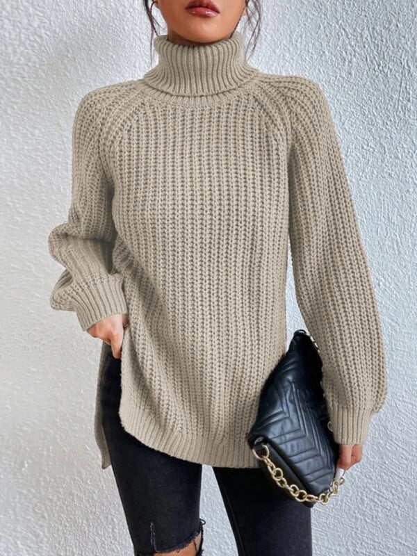 Women's casual pullover turtleneck slit loose sweater Khaki