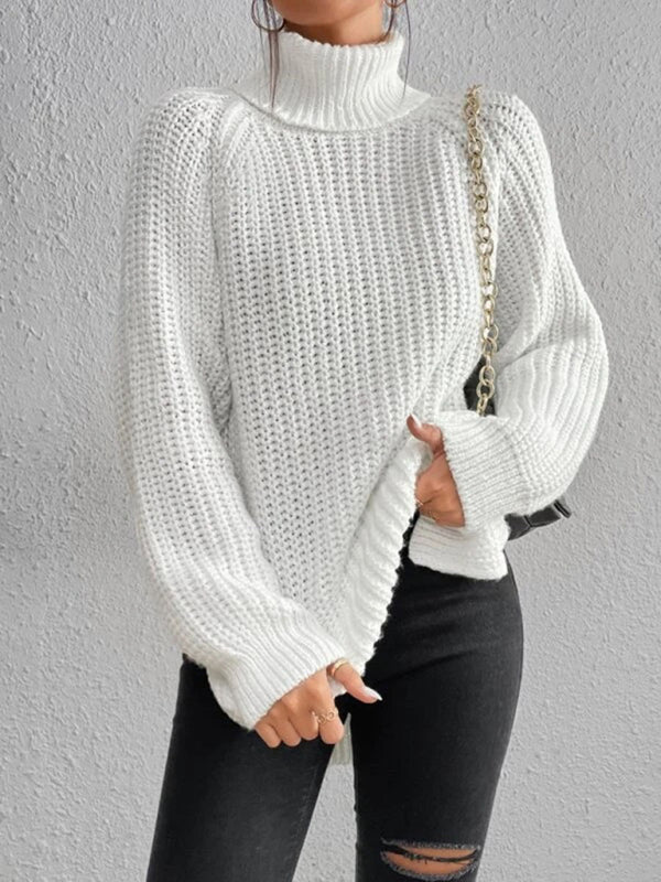 Women's casual pullover turtleneck slit loose sweater White