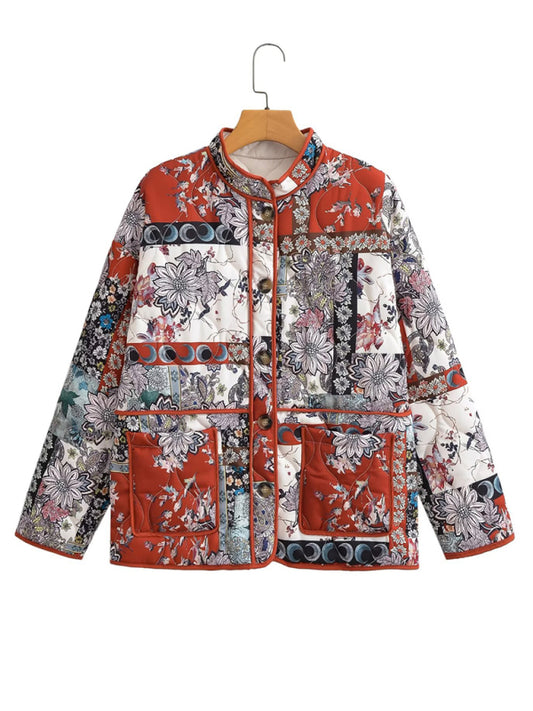 Women's stand collar printed quilted jacket Red