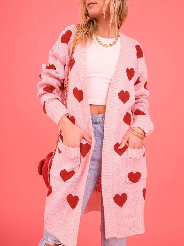 Women's knitted love pocket V-neck mid-length cardigan Pink