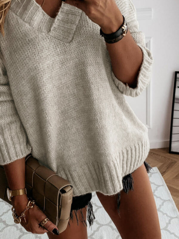 Women's V-neck long-sleeved pullover sweater top