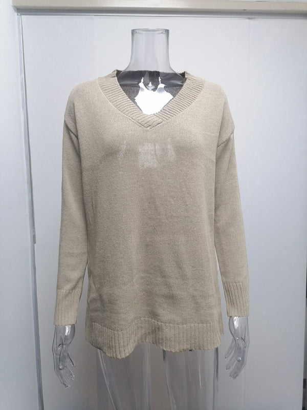 Women's V-neck long-sleeved pullover sweater top