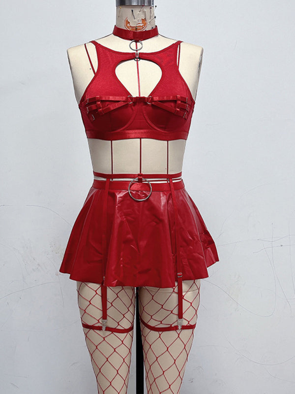 New cute mesh sexy bra cosplay leather uniform sexy bra set (including fishnet stockings) Red