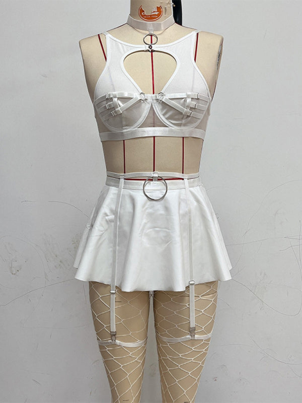 New cute mesh sexy bra cosplay leather uniform sexy bra set (including fishnet stockings) White