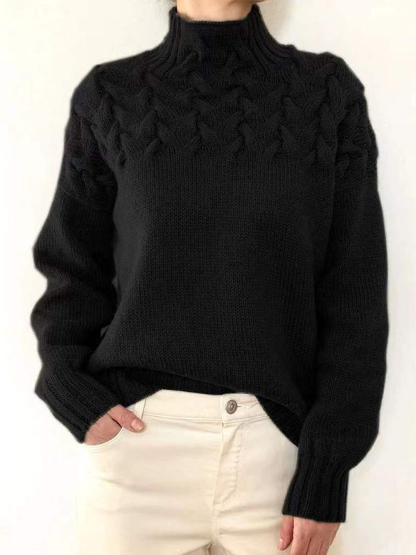 Casual long-sleeved turtleneck solid color sweater pullover top Black