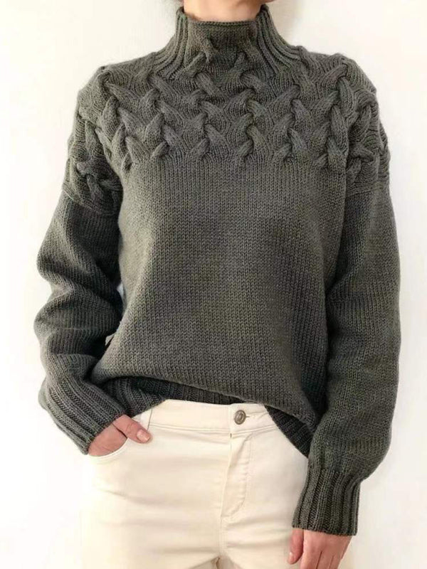 Casual long-sleeved turtleneck solid color sweater pullover top Grey