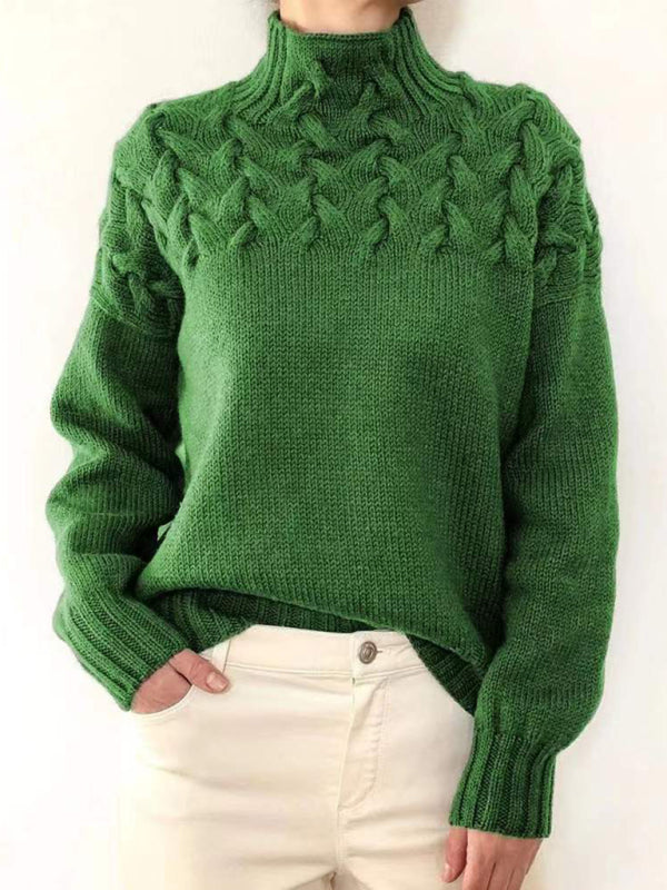 Casual long-sleeved turtleneck solid color sweater pullover top Green