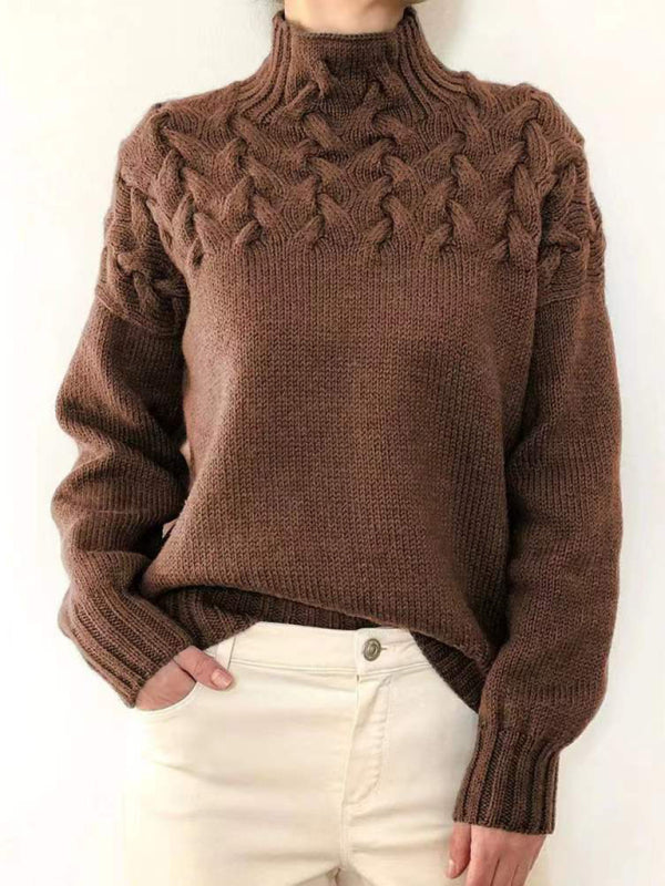 Casual long-sleeved turtleneck solid color sweater pullover top Khaki