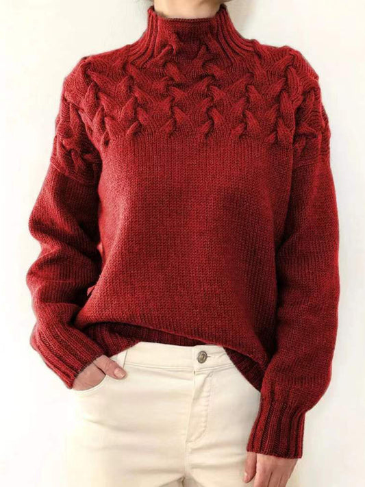Casual long-sleeved turtleneck solid color sweater pullover top Red
