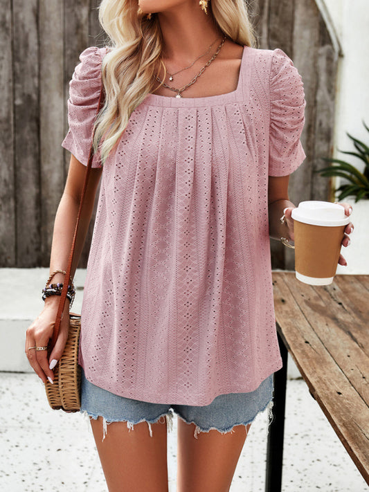 Casual solid color square neck puff sleeve shirt top Pink