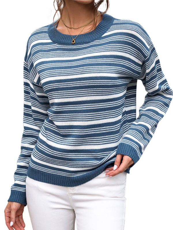 Women's new round neck long sleeve striped sweater