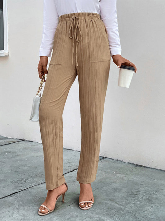 Casual elastic waist pleated women's pants Khaki