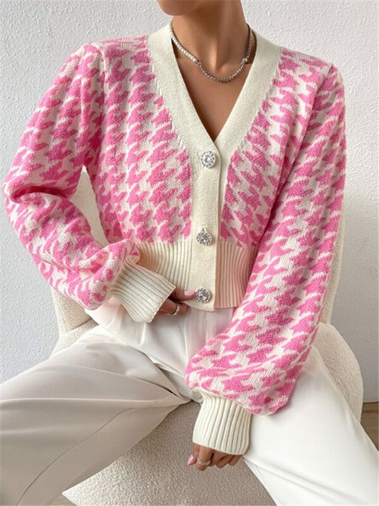 Houndstooth pattern lantern sleeve knitted cardigan sweater short coat Peach