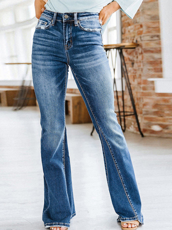 Women's New Casual Fashion Slim High Waist Slightly Flared Denim Trousers Blue