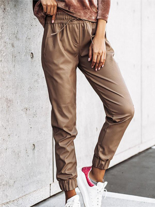Women's cord waist slim fit leather pants Khaki