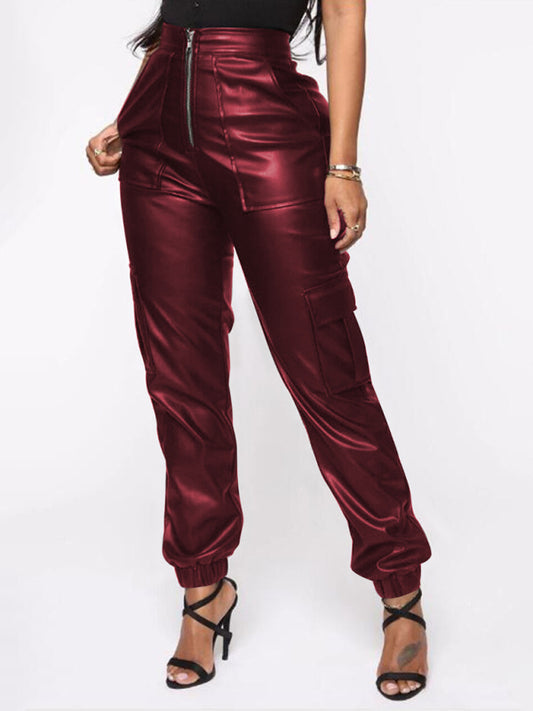Women's Fashionable Multiple Pocket Cargo Pants Wine Red