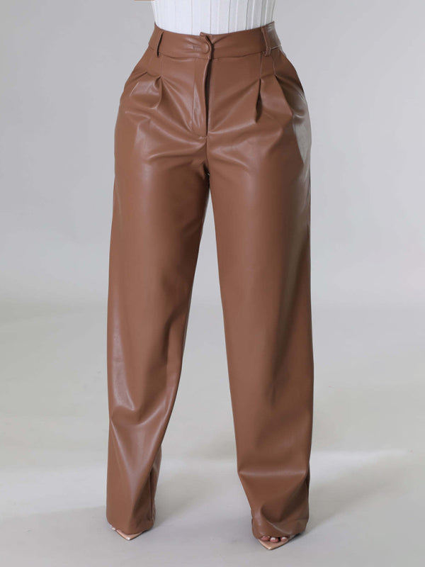 PU women's loose wide-leg pocket casual leather pants Brown
