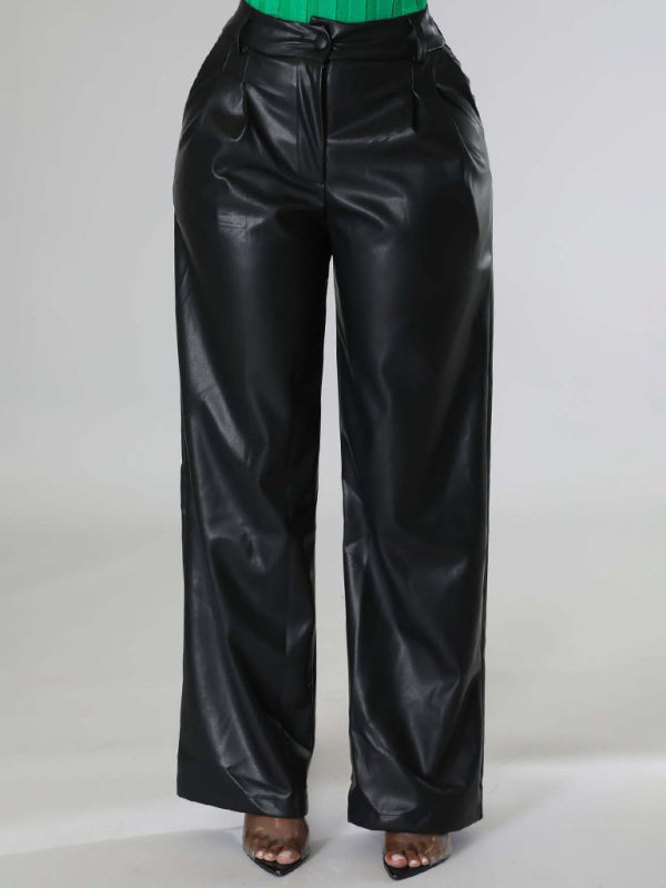 PU women's loose wide-leg pocket casual leather pants Black