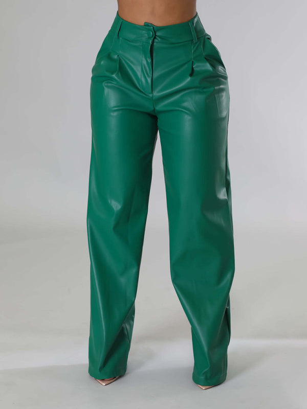 PU women's loose wide-leg pocket casual leather pants Green