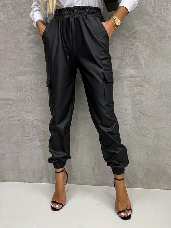 Pocket straight leg elastic waist leather trousers Black
