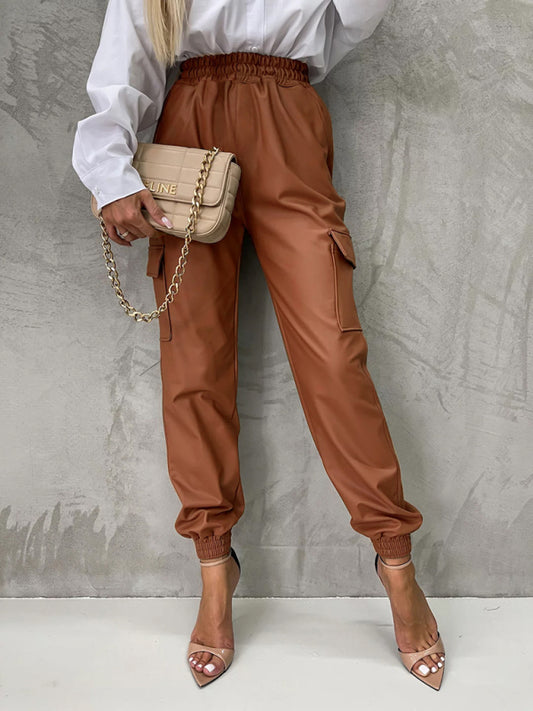 Pocket straight leg elastic waist leather trousers Khaki