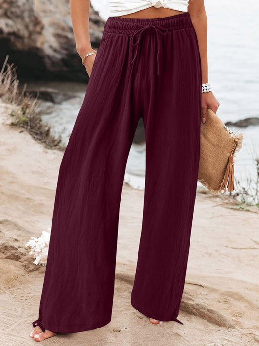 Elastic casual solid color wide leg trousers Wine Red