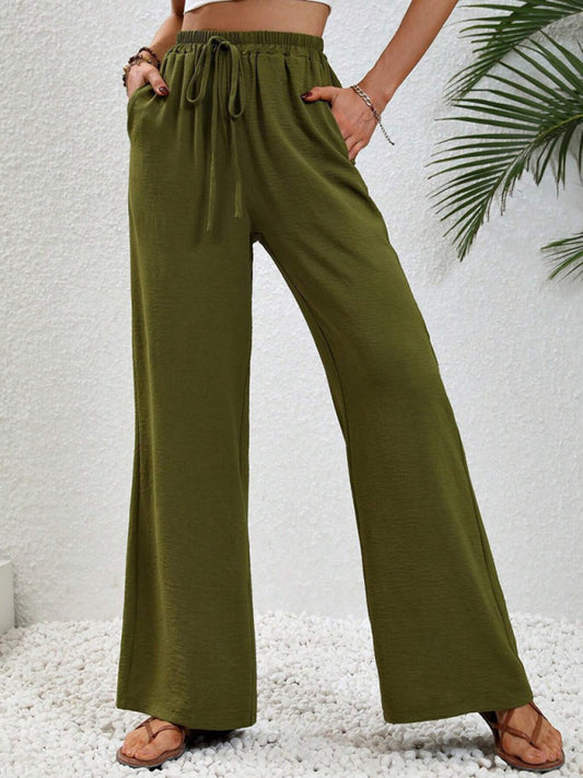 Comfortable casual wide leg pants with elastic waist Olive green