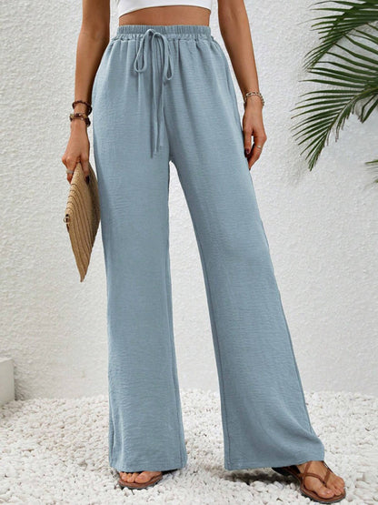 Comfortable casual wide leg pants with elastic waist Blue