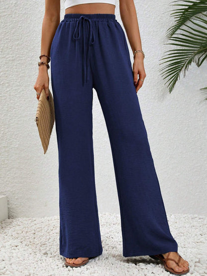 Comfortable casual wide leg pants with elastic waist Purplish blue navy