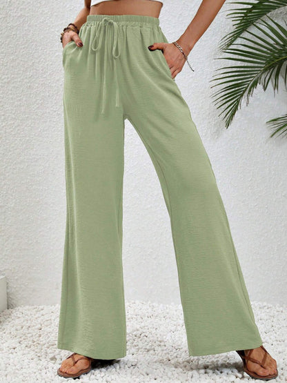 Comfortable casual wide leg pants with elastic waist Green