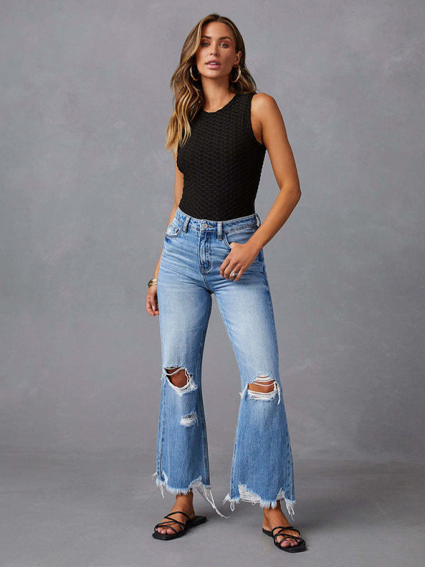 Women's tassel washed ripped wide leg jeans Blue