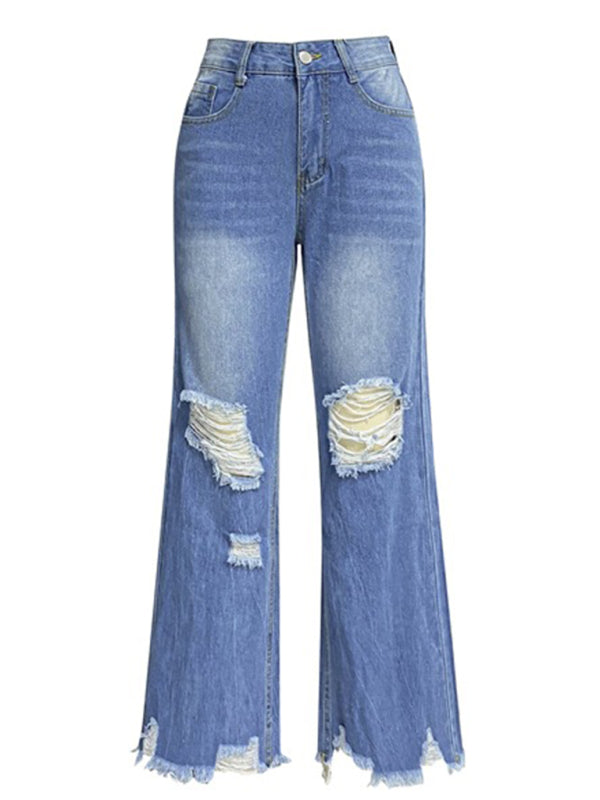 Women's tassel washed ripped wide leg jeans