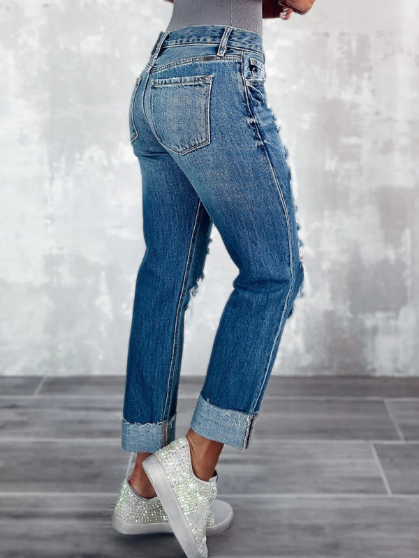 Women's high waist ripped straight leg street style long jeans