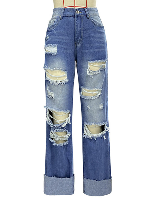 Women's high waist ripped straight leg street style long jeans