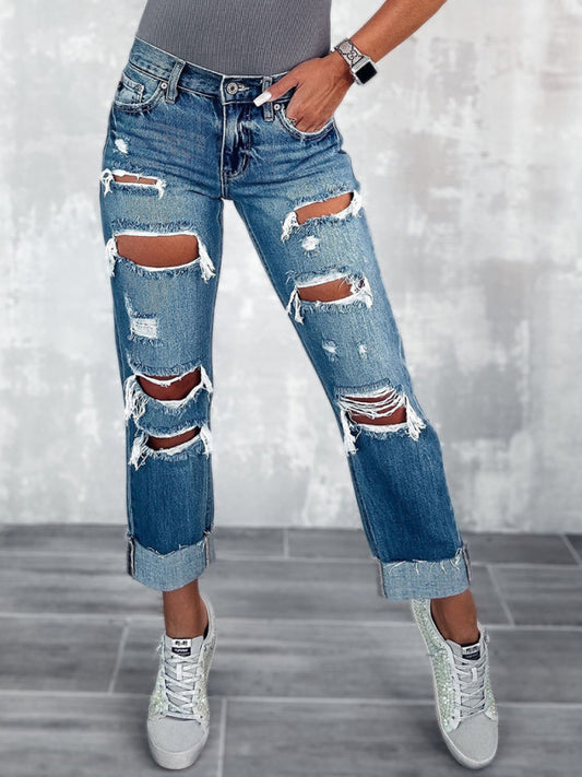Women's high waist ripped straight leg street style long jeans Blue
